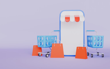Online shopping mobile phone with shopping carts and shopping bags concept