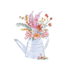 Watercolor wildflower bouquet in metal watering can on white background