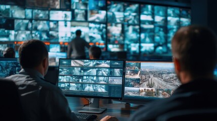 Man in security control room monitoring surveillance cameras on multiple screens. Modern security system for public safety and crime control.