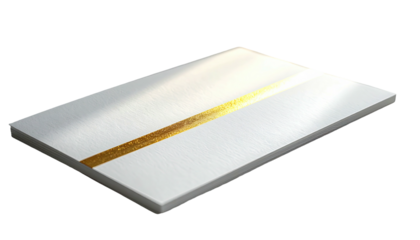 Angled view of a textured, white surface, bisected diagonally by a gold-colored band