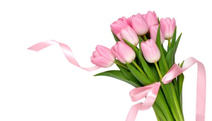 A bouquet of pale pink tulips tied with a matching ribbon against a black background. Leaves are green