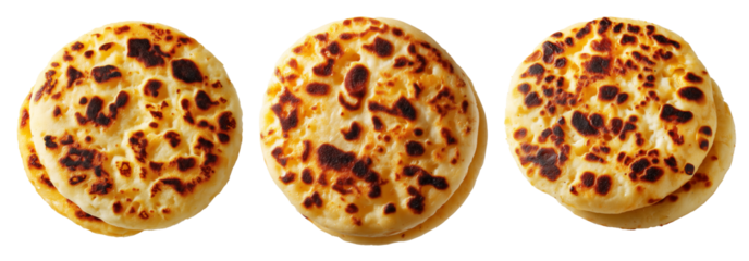 Arepas flatbreads stuffed corn cake revealing a rich filling of minced meat, egg and melted cheese, isolated on white background