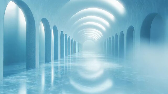 Minimalist hallway featuring parallel rows of arches, reflecting bright light on a textured floor, creating a futuristic, serene, and infinite perspective