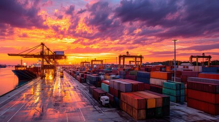 Cargo ship at port under fiery sunset sky with crane operations and shipping containers. Global logistics and maritime transportation concept for supply chain.
