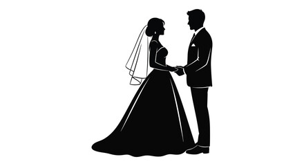 A newlywed couple standing close holding hands in a romantic pose silhouette