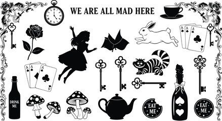Naklejka premium Collection of black silhouettes featuring Alice in Wonderland characters and symbols isolated on white background vector illustration for fairytale design