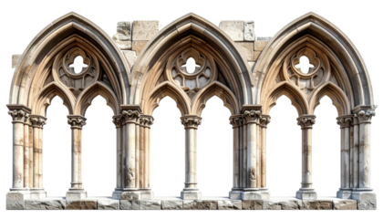Architectural element featuring three arched openings. Ornate stonework on a dark background
