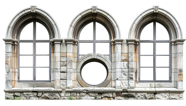 Architectural detail shows three arched windows and a circular void set into a stone facade