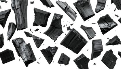 Artistic arrangement of scattered, rough-hewn fragments, contrasting black and grey