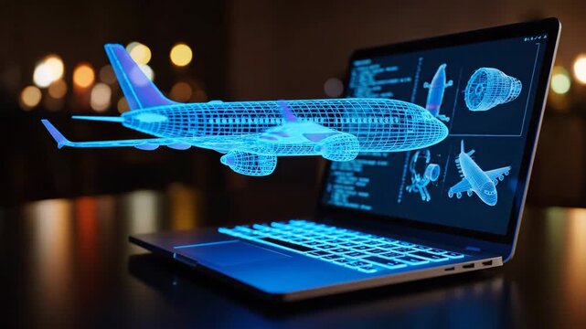 3D aircraft blueprint hologram on laptop screen with blue digital wireframe model.