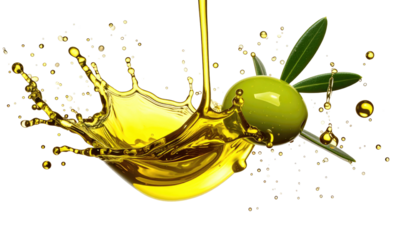 Artistic depiction featuring an olive fruit, splash of golden oil, and verdant branch