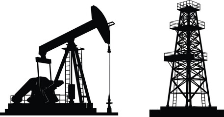 Oil pumpjack and drilling tower silhouette illustrating petroleum industry energy extraction equipment in detailed black industrial vector style illustration set design © Art_By_Aktarina
