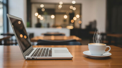 Laptop and coffee on table.