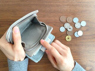 Empty wallet with few coins on wooden table, concept of lack of money