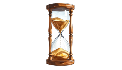 Artistic depiction of a classic hourglass, featuring wooden frame and flowing sand, set against black