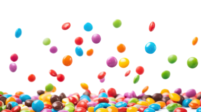 colorful round candies falling isolated on white or transparent png - Powered by Adobe