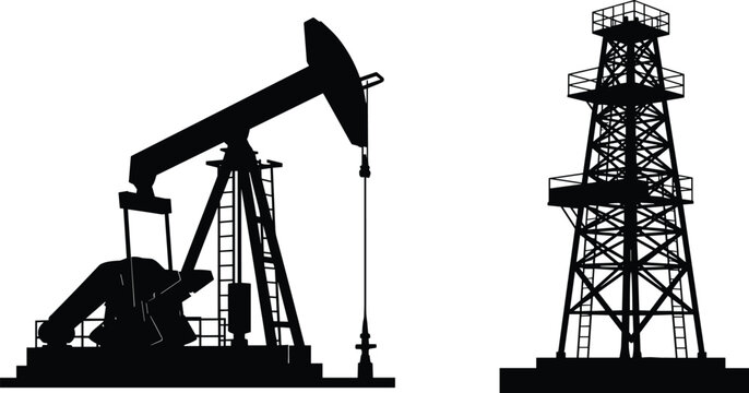 Oil pumpjack and drilling tower silhouette illustrating petroleum industry energy extraction equipment in detailed black industrial vector style illustration set design