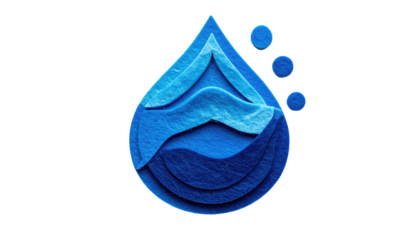 Artistic depiction of a stylized water drop with layered blue textures and floating orbs
