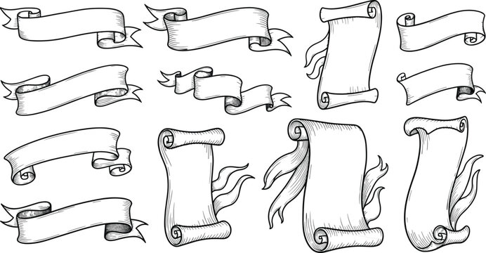 Vintage ribbon banner and scroll collection with hand drawn engraving style, decorative labels set, black and white vector illustration isolated background