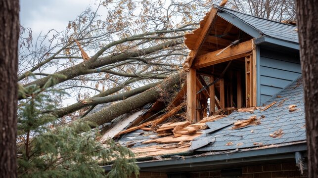 Large tree branch falling on house roof with extensive damage. Concept of property disaster damage from storm wind or natural weather event.