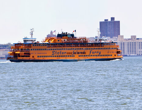 New York City, USA; 25th July 2012: The famous Staten Island Ferry fare-free passenger route ferry through New York Harbor between Staten Island and Manhattan moving around 70,000 people a day.