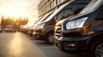 Row of black vans parked in a lot at sunset. Commercial vehicle fleet for transport and delivery business. Automotive industry.
