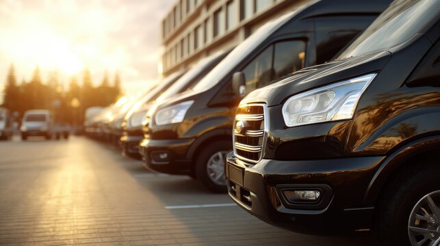Row of black vans parked in a lot at sunset. Commercial vehicle fleet for transport and delivery business. Automotive industry.