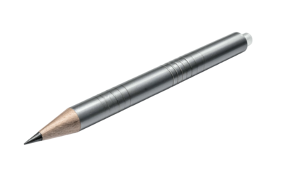 A close-up shot of a metallic pencil, featuring a graphite tip and a sleek, cylindrical body. The background is completely black