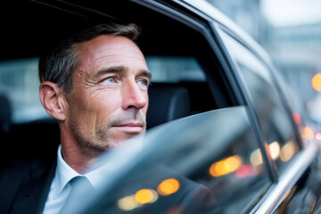 Confident mature European business man executive riding in luxury chauffeur driven car looking out window. Senior professional male leader in his late 40s during corporate business travel