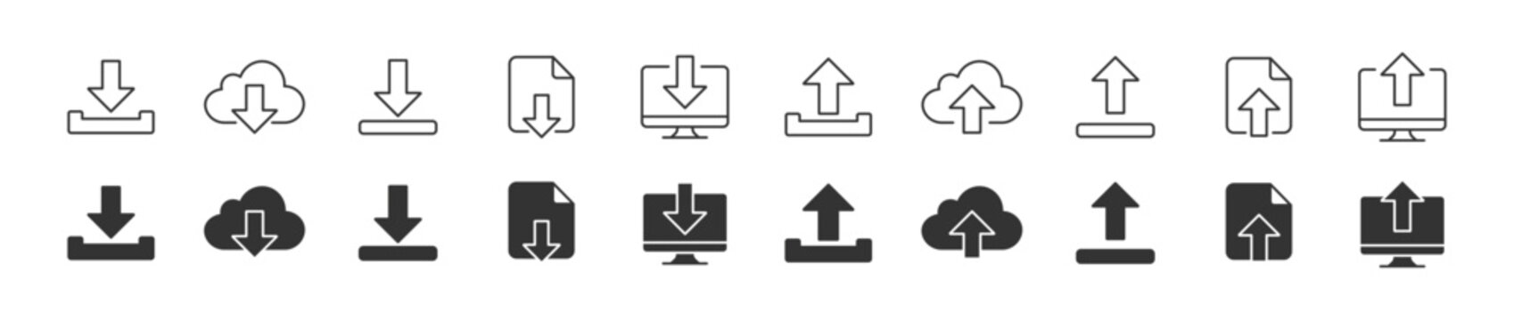 Download and Upload icon set. Containing uploading ,upload, document, link, download file, folder uploaded, arrow up, cloud upload and more, vector illustration . 