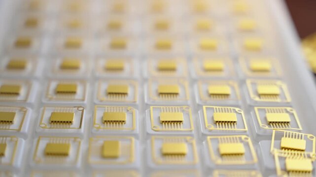Close-up of a white tray filled with neatly arranged gold-plated microchips and integrated die packages, showcasing semiconductor manufacturing, bonding pads, and assembly.