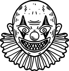 Fototapeta premium Scary clown face with sharp teeth and ruffled collar in black and white line art