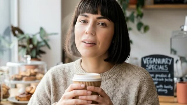 blunt cut bob with bangs - A young woman in a cozy cafe, smiling warmly while holding a coffee cup, surrounded by baked goods and plants, creating an inviting atmosphere
