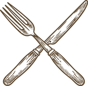 Crossed fork and knife vintage illustration hand drawn cutlery utensils isolated on white background