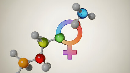 A 3d man holding balloons stands near a molecular model of carbon and oxygen atoms to represent a breakthrough in chemical science and pharmaceutical drug therapy for disease treatment