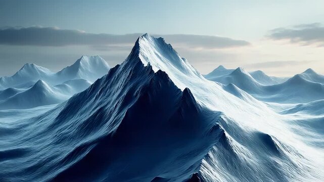 Snowy mountain peaks and icy ridges define an expansive arctic landscape, showcasing the raw beauty and cold, untouched nature of a frozen wilderness under a pale sky