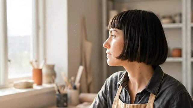 blunt cut bob with bangs - A contemplative artisan sits in a sunlit pottery studio, gazing thoughtfully out a window, surrounded by handmade ceramics and creative tools