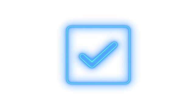Glowing neon checkmark icon in a rounded square isolated on transparent background. Success. Completion. Approval. Verification. Validation. Confirmed.