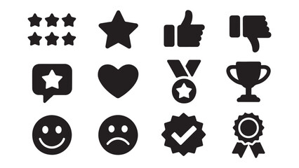Customer feedback and rating icons set with stars, thumbs up, emotions, and awards for review system interfaces and surveys.
