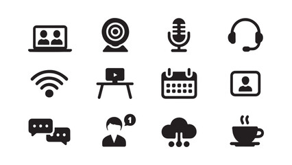 Remote work and video conference icons showing webcams, headsets, and online meeting screens for digital office tools and webinars.