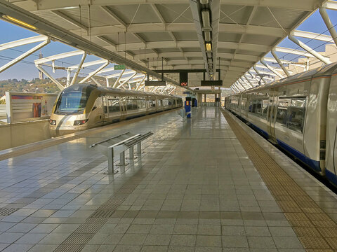 Gautrain terminal station with two trains on the sides. Pretoria, Gauteng, South Africa