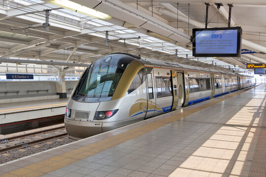 The fast express train is ready to depart from O.R.Tambo International Airport station  to Johannesburg. Gauteng, South Africa