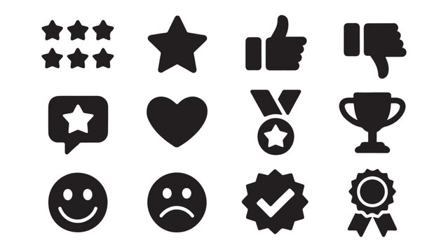 Customer feedback and rating icons set with stars, thumbs up, emotions, and awards for review system interfaces and surveys.