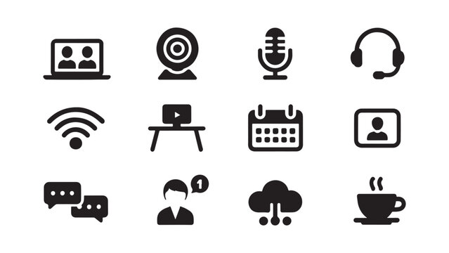 Remote work and video conference icons showing webcams, headsets, and online meeting screens for digital office tools and webinars.