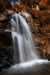 Water cascades down a rocky surface in a forest. Autumn leaves surround the waterfall, creating a vibrant natural scene in the afternoon sun.