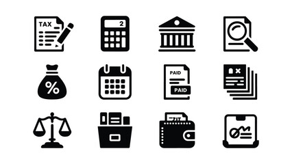 Tax and accounting icon set featuring calculators, tax forms, scales, and money bags for legal financial services and audit reports.