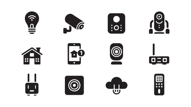 Smart home automation and IoT icons featuring security cameras, sensors, and mobile control symbols for modern living technology.