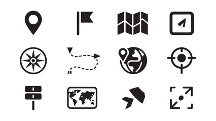 Navigation and location map icons featuring gps pins, compass directions, route paths, and flags for travel apps, geography, and tracking system interfaces.