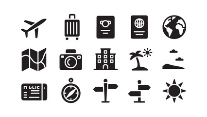 Travel and tourism icon set with airplanes, luggage, passports, and tropical vacation elements for holiday trip planning and summer adventure graphics.