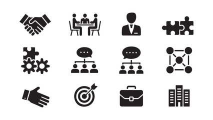 Corporate business and management icons featuring handshakes, teamwork meetings, strategy puzzles, and organizational charts for office company presentations.